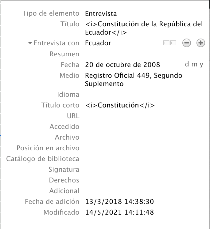 Captura de la ficha contenedora en Zotero para la Constitución ecuatoriana