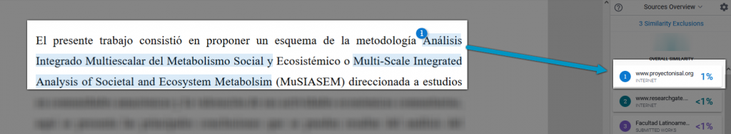 En el reporte de Turnitin, aparece texto subrayado con celeste, "Análisis Integrado Multiescalar del Metabilismo Social", en color azul y con un número 1, que corresponde a la fuente 1 del reporte.